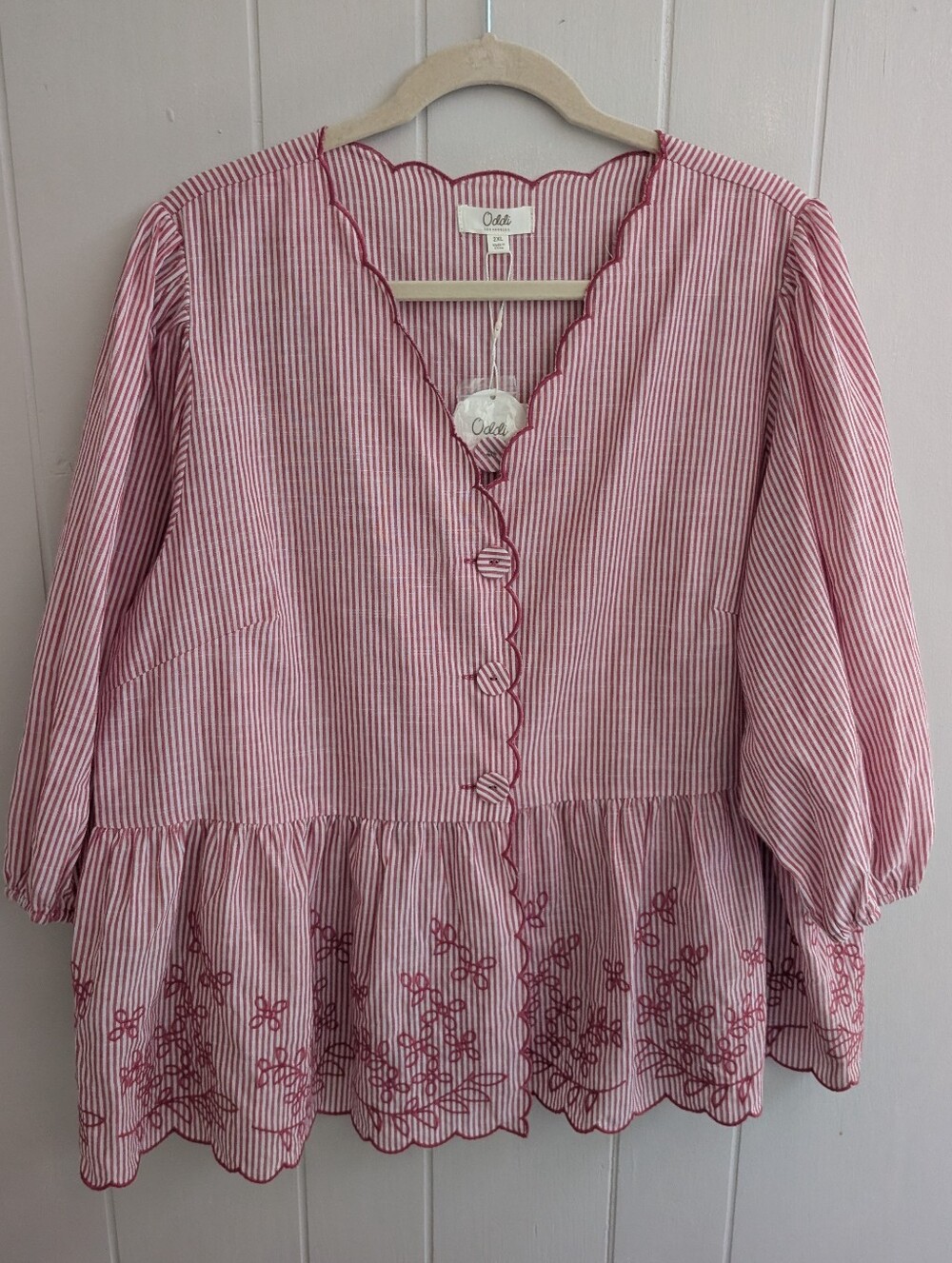 NWT Pink & White Striped Embroidered Peplum Top